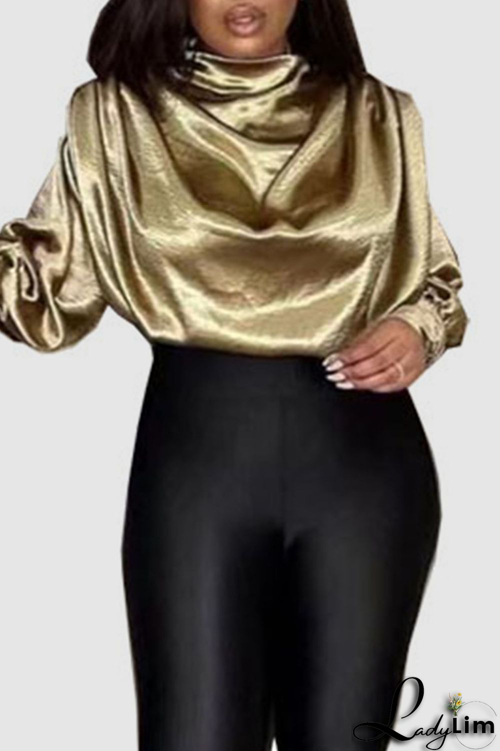 Black Casual Elegant Solid Patchwork Fold Turtleneck Tops