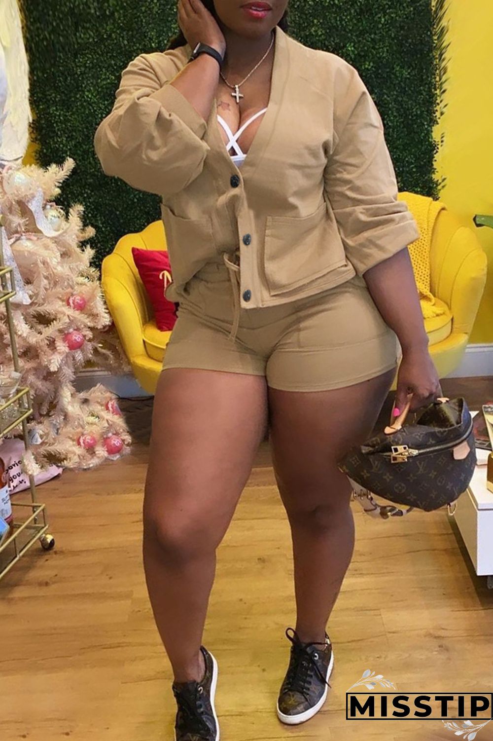 Khaki Fashion Casual Solid Buttons Long Sleeve Two Pieces