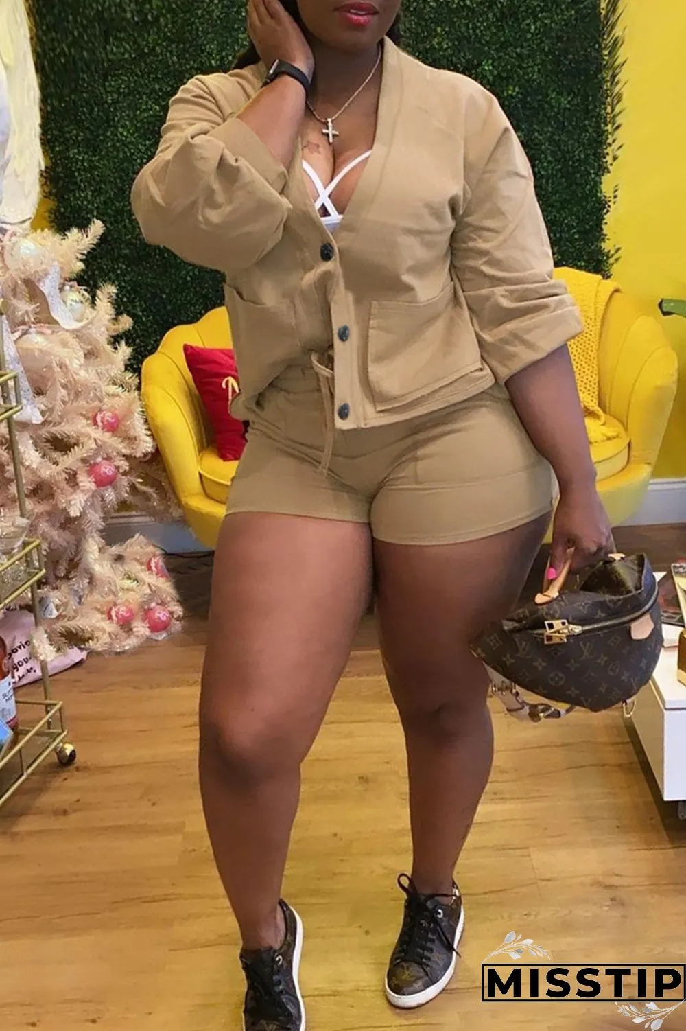 Khaki Fashion Casual Solid Buttons Long Sleeve Two Pieces