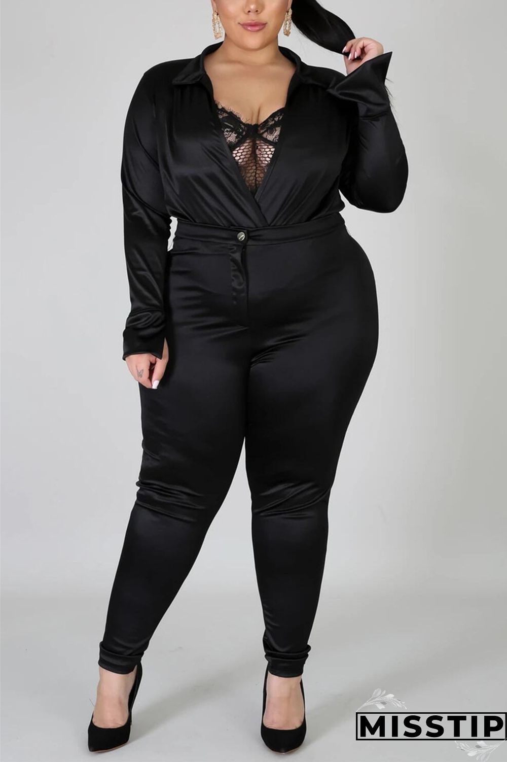 Blue Fashion Casual Solid Basic Turtleneck Plus Size Set