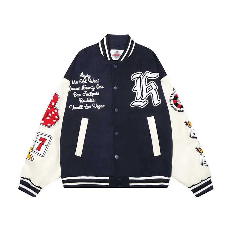 Hip Hop Spliced ​​PU Leather Patch Playing Card Letter Embroidered Jacket at Hiphopee