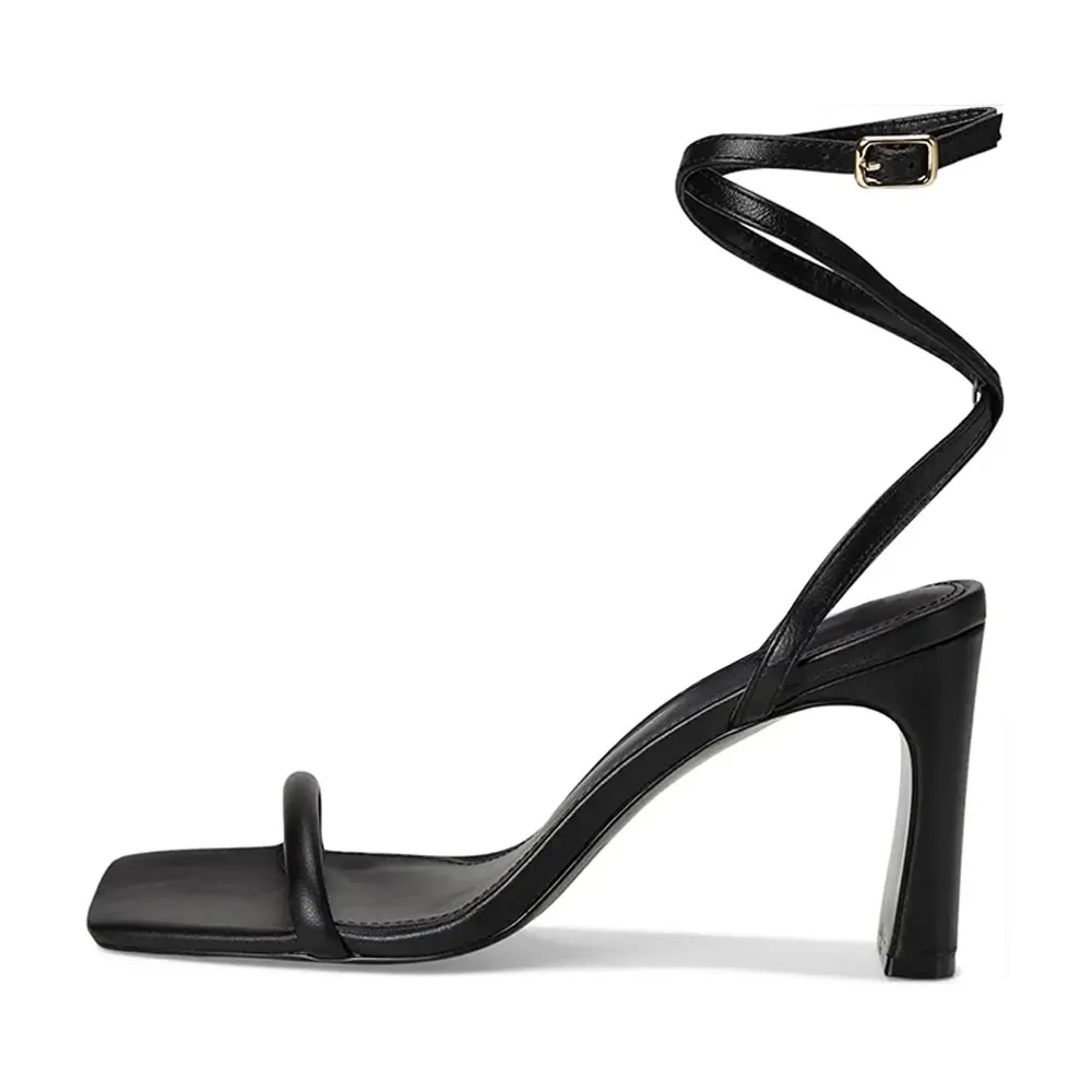Black Square Toe Ankle Strap Buckle Chunky High Heels Sandals