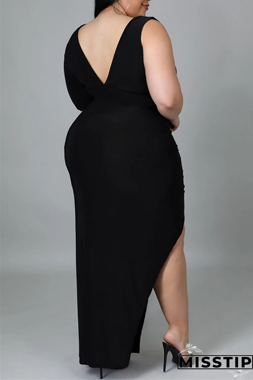 Black Fashion Casual Solid Hollowed Out Slit V Neck Long Sleeve Plus Size Dresses