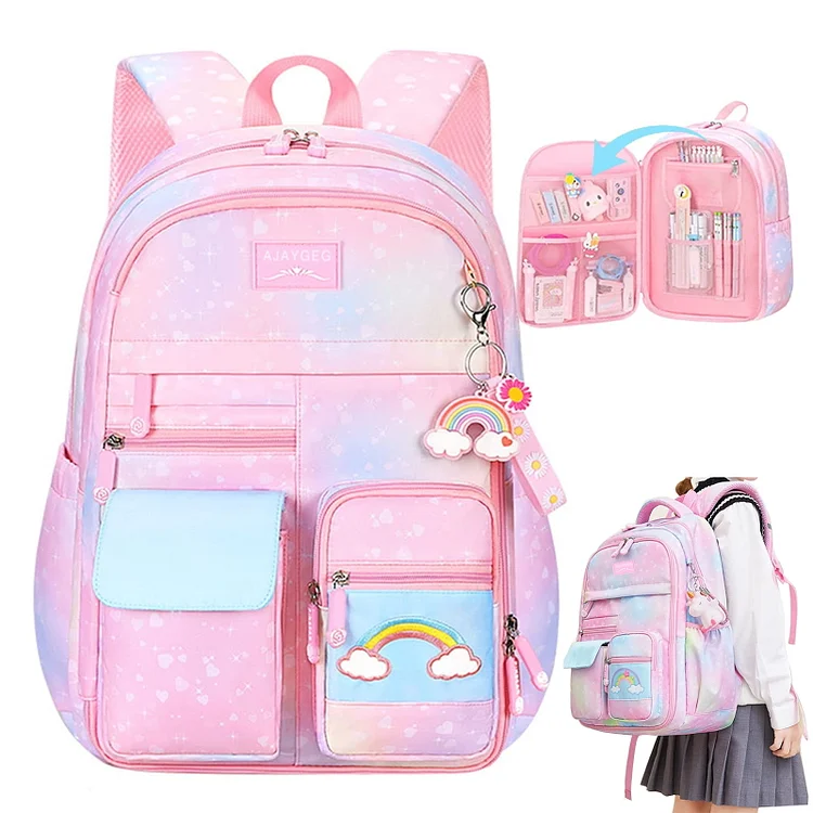 Kids Backpack for Girls Multi-functional School Bags 15.6 Inch Laptop Bag with Plush Doll Pendant Large Size Durable and Cute Travel Daypacks for Teen Girls Women Students
