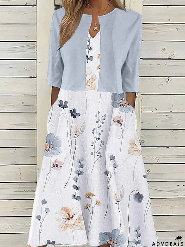 Women's Two Piece Dress Set Casual Dress Print Dress Outdoor Daily Fashion Elegant Pocket Print Midi Dress V Neck Half Sleeve Floral Regular Fit Pink Blue Purple Summer Spring S M L XL XXL