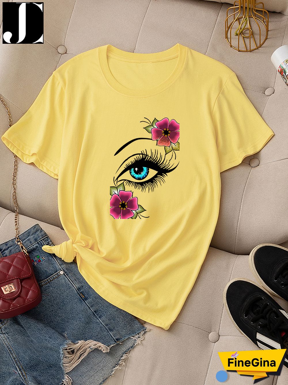 Casual Summer Daily T-shirt Women 100% Cotton Short Sleeve Rose Eye Print Female Graphic Fashion T Shirt Ladies O-Neck Tees Tops
