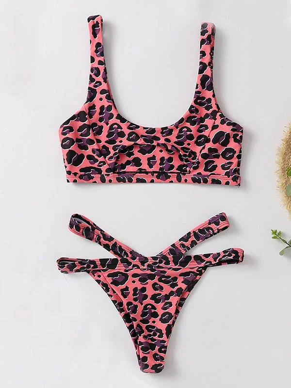 Hollow Leopard-Print  Bikini Swimsuit