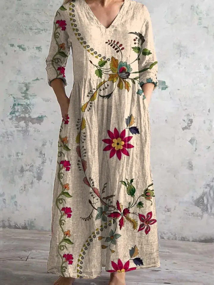 Womens  V-Neck Artistic Curve Floral Pattern Cotton And Linen Dress