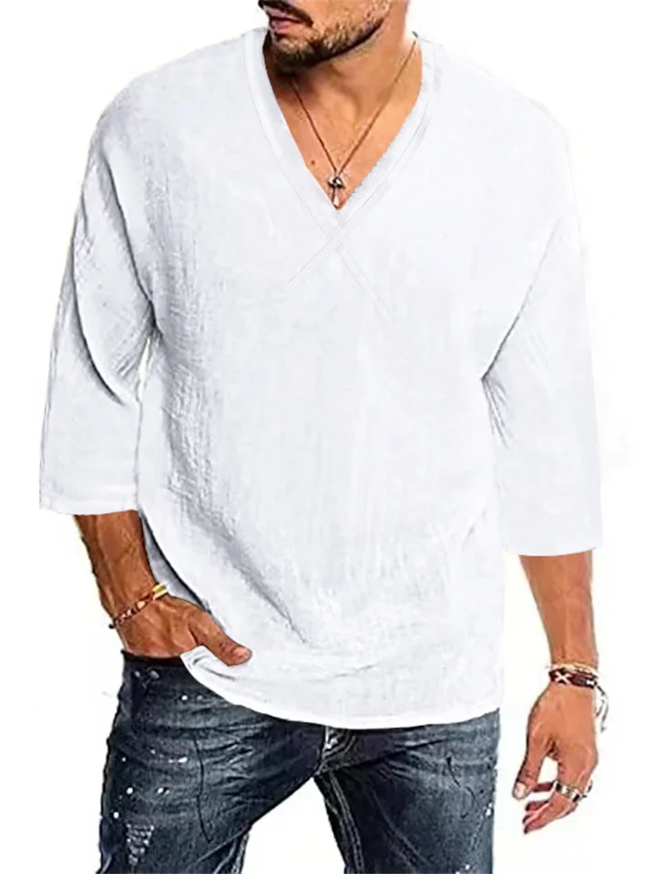 Summer New Men's Short-sleeved Cotton Linen Casual Breathable Solid Color V-neck Long-sleeved T-shirt Collarless Loose Type Male T-shirt-Mixcun