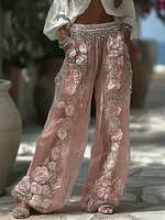 Women's Spring Floral Embroidered Art Print Flowy Linen Blend Casual Pants