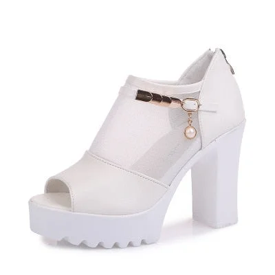 2020 Women Sandals Square High Heel Summer Shoes Woman Pumps Sexy Flower Net  Hollow Peep toe Gladiator Sandals size 35-39