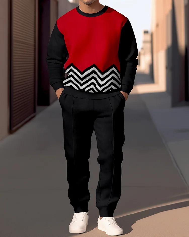 Men's Simple Colorblock Round Neck Casual Sports Set 058