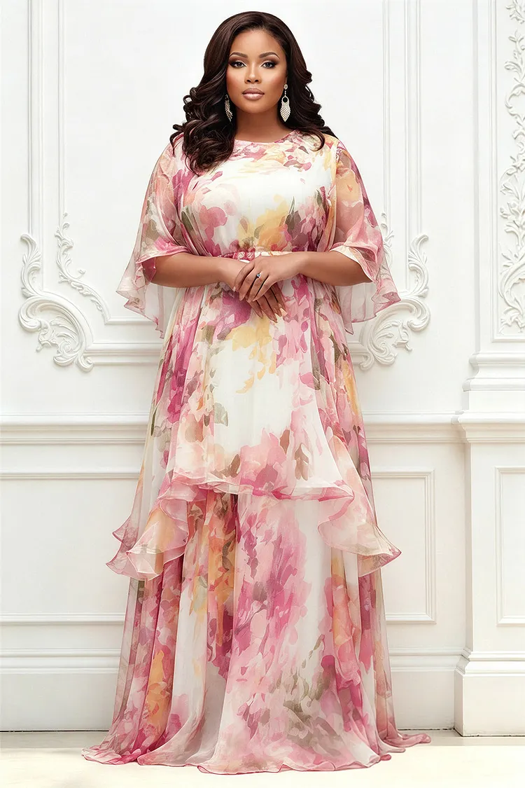 Xpluswear Design Plus Size Formal Pink Floral Round Neck Short Sleeve Ruffle Chiffon Maxi Dresses [Pre-Order] 2024 - Xpluswear