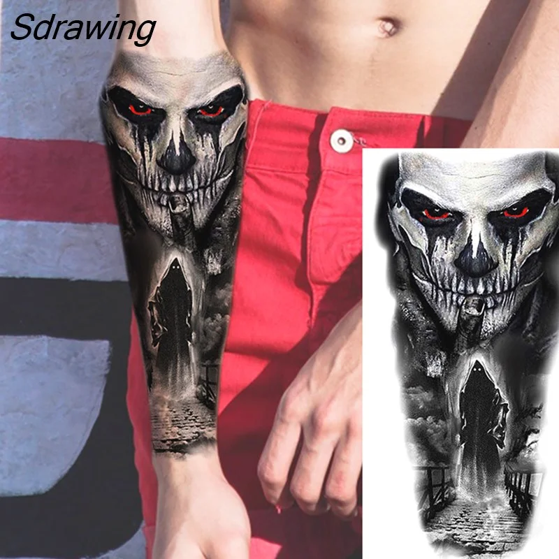 Sdrawing Realistic Black Devil Temporary Tattoos For Men Adult Tiger Pirate Skeleton Vampire Fake Tattoo Forearm Scary Tatoo Joker