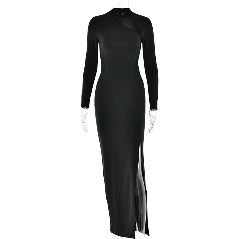Mozision Mesh Patchwork Sexy Maxi Dress Women Hollow Out O Neck Long Sleeve Thigh High Split Bodycon Long Dress Femme Elegant