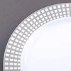 10 Pack | 9" Silver Plaid Hot Stamped Rim White Plastic Dinner Plates, Disposable Checkered Rim Party Plates