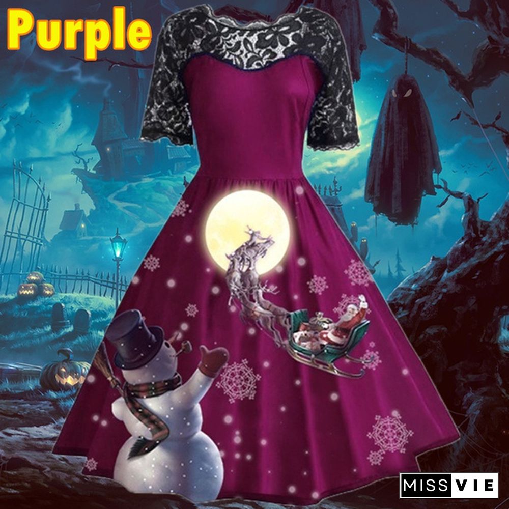 7 Colors Women Fashion Pumpkin Snowflake Print Dress Short Sleeve Lace Dress Christmas Halloween Costume Knee Length Party Dresses