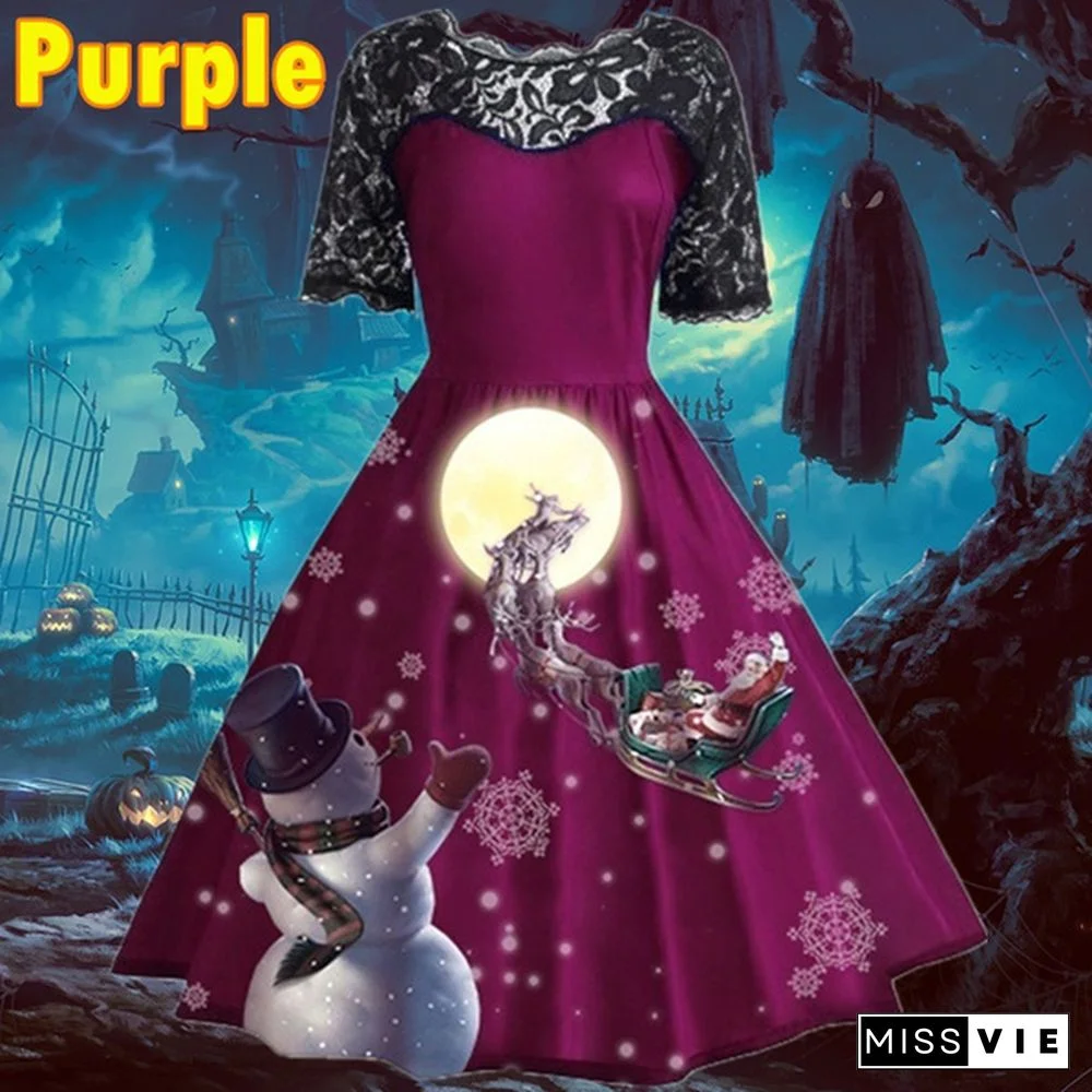 7 Colors Women Fashion Pumpkin Snowflake Print Dress Short Sleeve Lace Dress Christmas Halloween Costume Knee Length Party Dresses