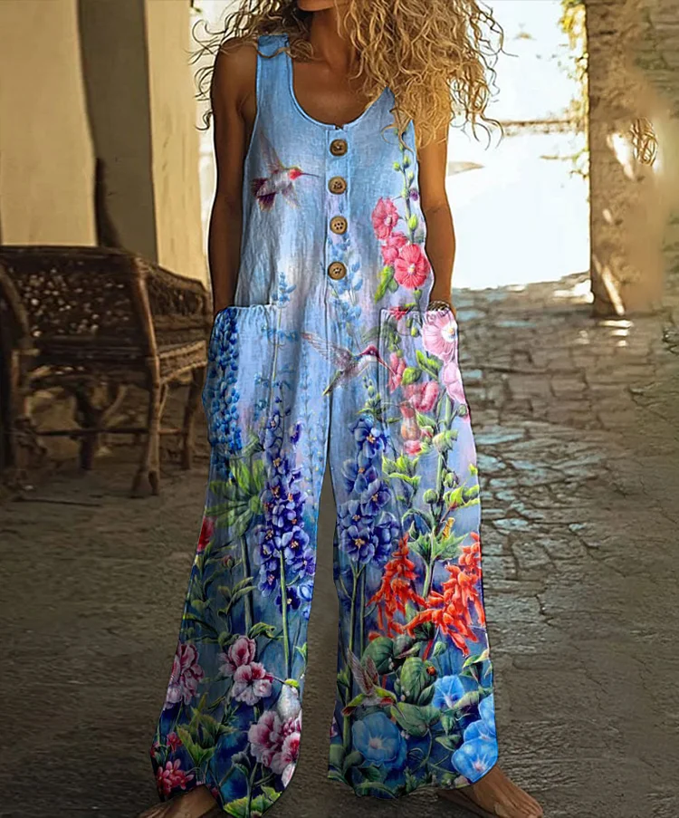 Vintage Floral Hummingbird Art Print Casual Wide Leg Jumpsuit