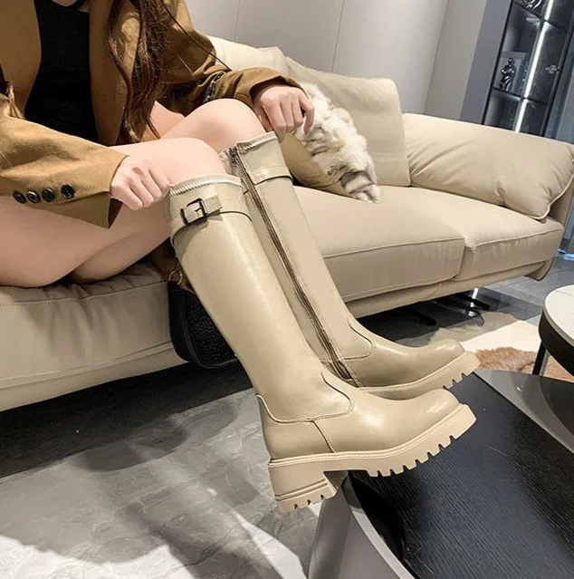 Christmas Gift Women's Knee-high Boots Slip On Solid Fashion Long Boots Buckle Strap Soft Leather Ladies Boots Thick Heel Platform Female Shoes