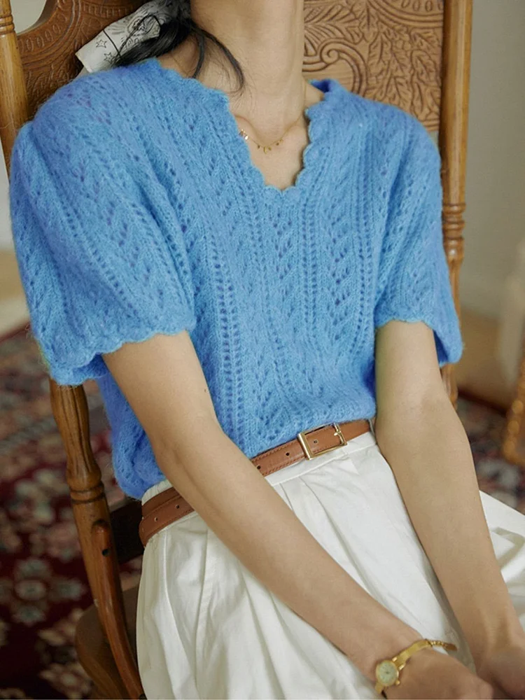 French style lazy and gentle knitted sweater - Blue