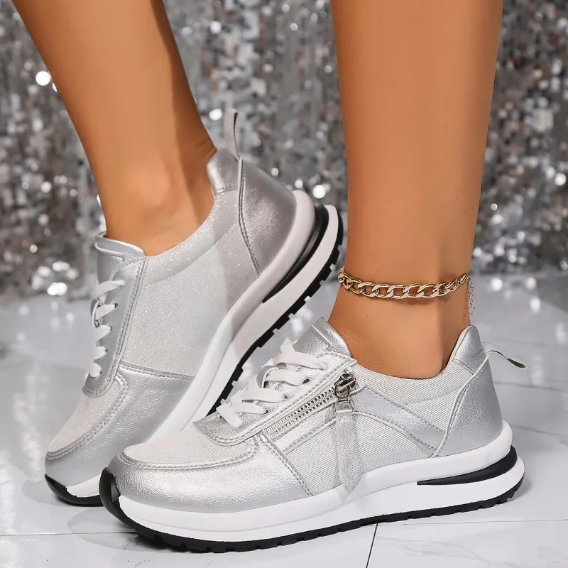 Niprack funky womens shoes Spring and Autumn Fashionable Round Toe Mesh Breathable Solid Color Fashion Zipper Decorative Lace-Up Women's Sports Shoes