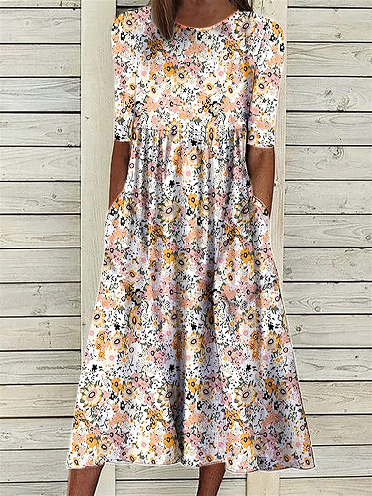 Elegant Floral Pleated Wide Skirt Maxi Dress wearshes