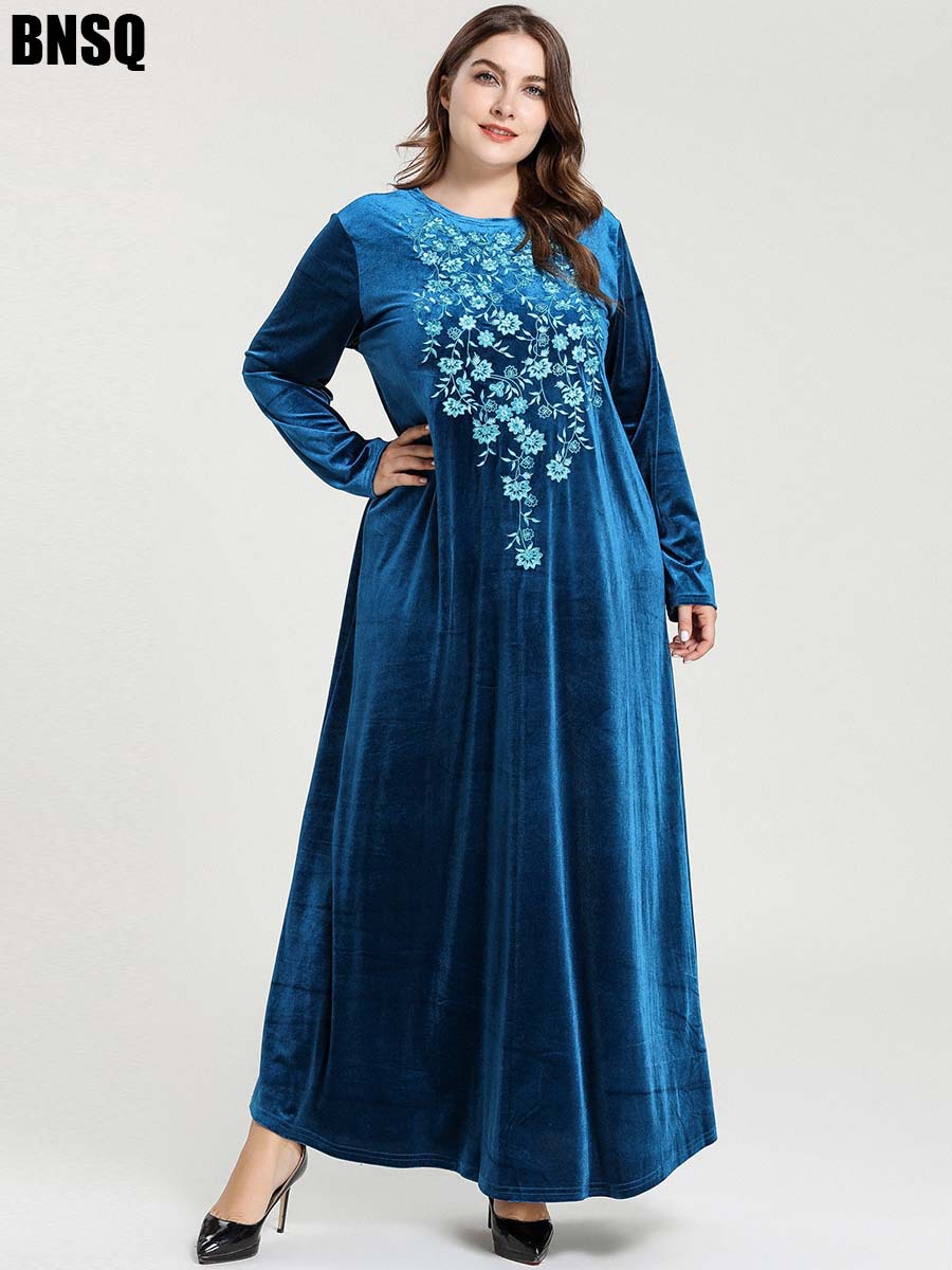 Blue Floral Embroidered Long-Sleeve Casual Velvet Dress