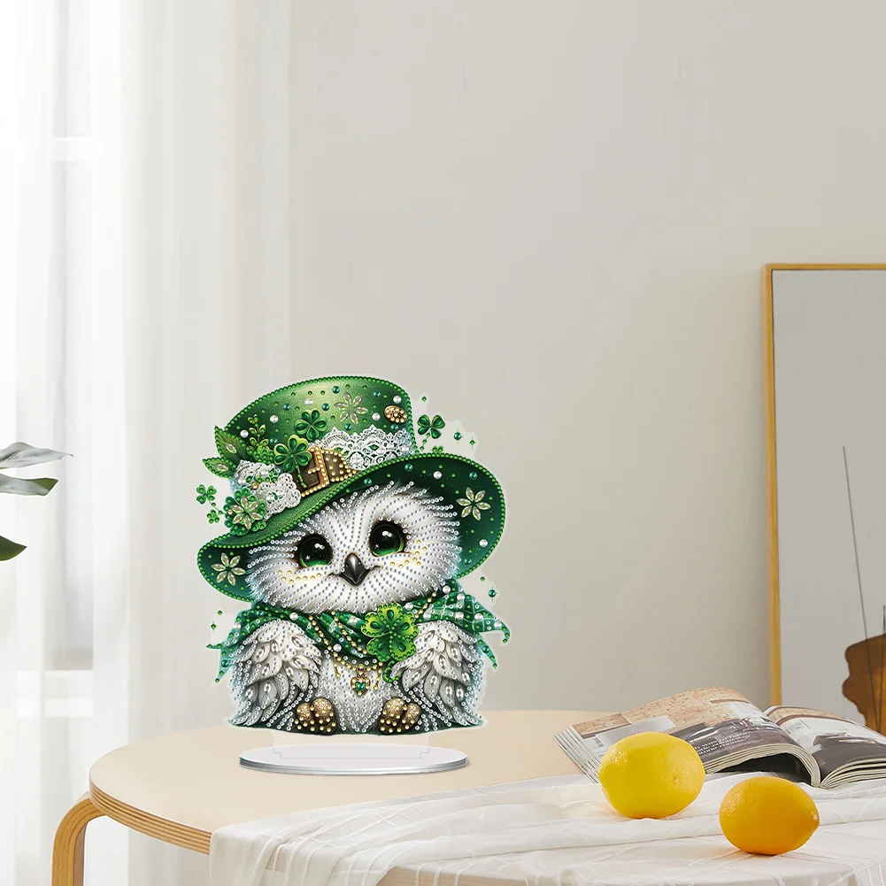 DIY Acrylic St. Patricks Day Owl Special Shape Diamond Painting Tabletop Ornament Creative Home Decor & Gift Idea for Adults - Relaxing Craft Activity