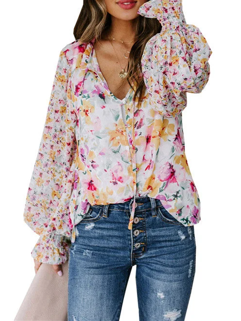 Women Long Sleeve V-neck Floral Printed Puff Sleeve Tops
