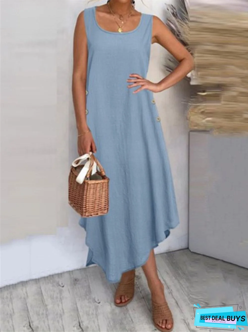 Vest Skirt Cotton Hemp Solid Color Button Irregular Big Hem Dress Long Skirt