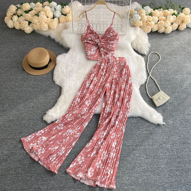 Zingj Zingj V-Neck Kink Sling Short Top High Waist Pleated Wide Leg Pants Two-Piece Suit