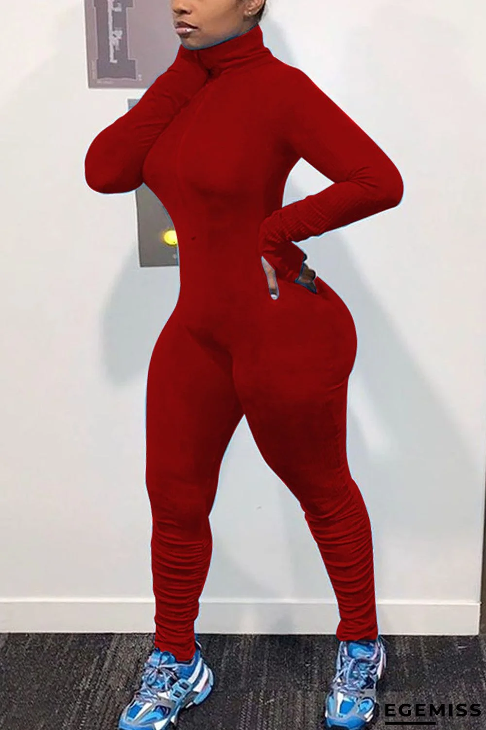 Red Casual Spandex Pit Article Fabrics Solid Fold Pants Zipper Collar Skinny Jumpsuits | EGEMISS