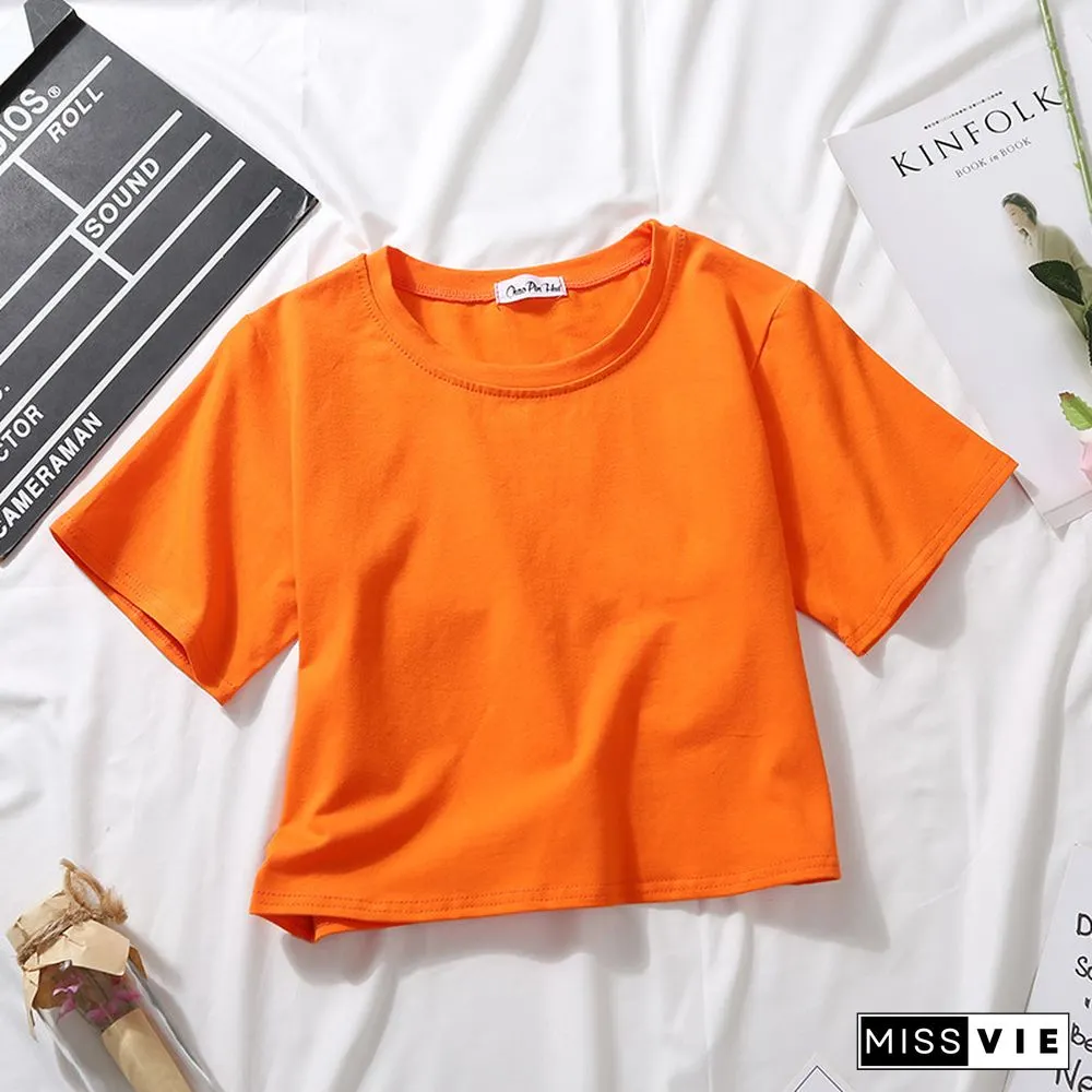 Summer Short Sleeve T Shirts Women Cotton Solid T-shirt O Neck High Waist Tee Female Casual Loose T Shirt