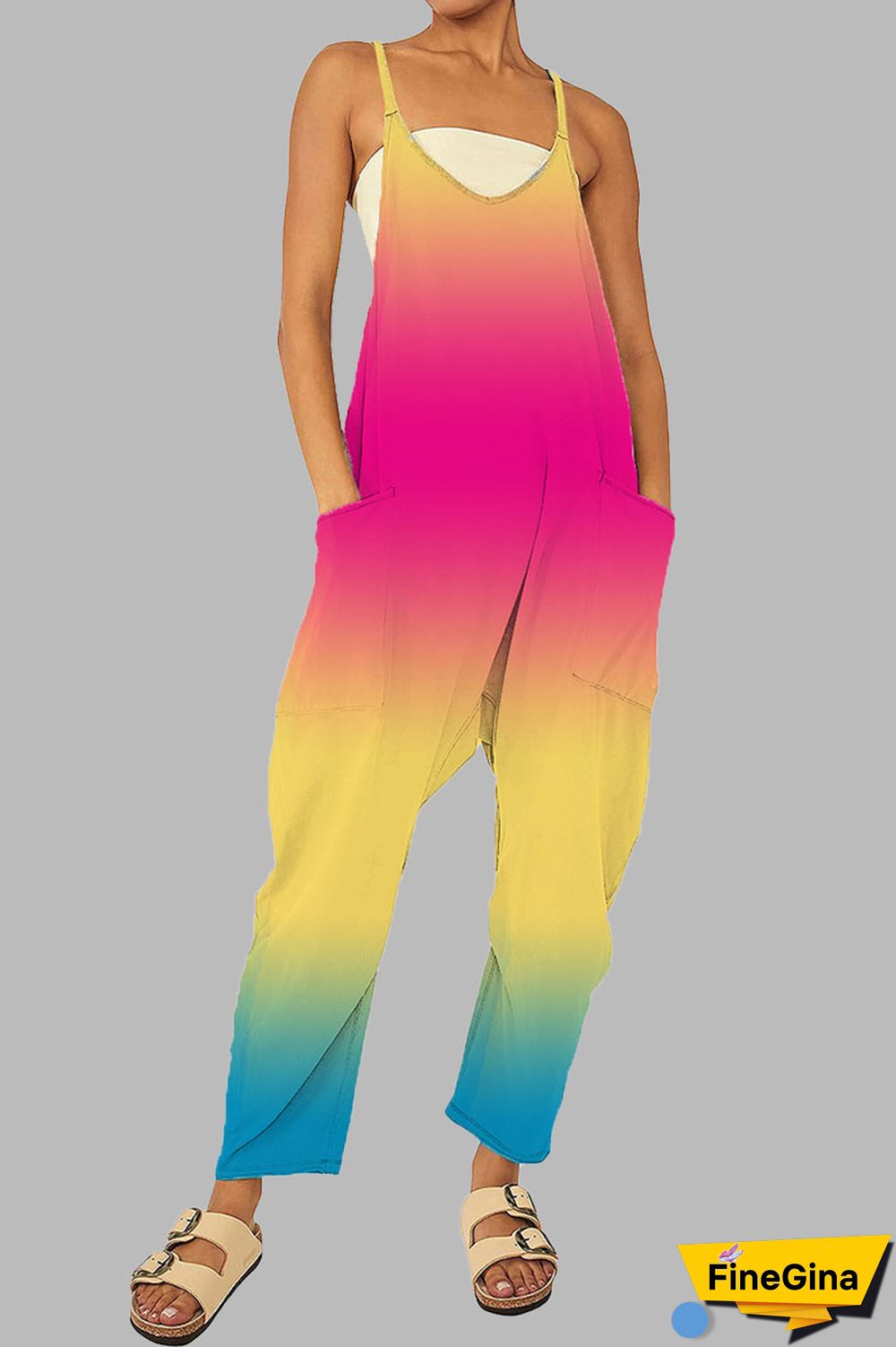 Black khaki Casual Gradual Change Print Patchwork Pocket Zipper Spaghetti Strap Loose Jumpsuits