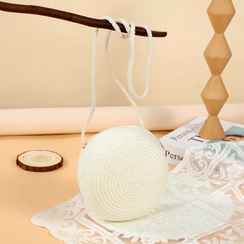 Girl’S Straw Solid Color Cute Round Zipper Shoulder Bag