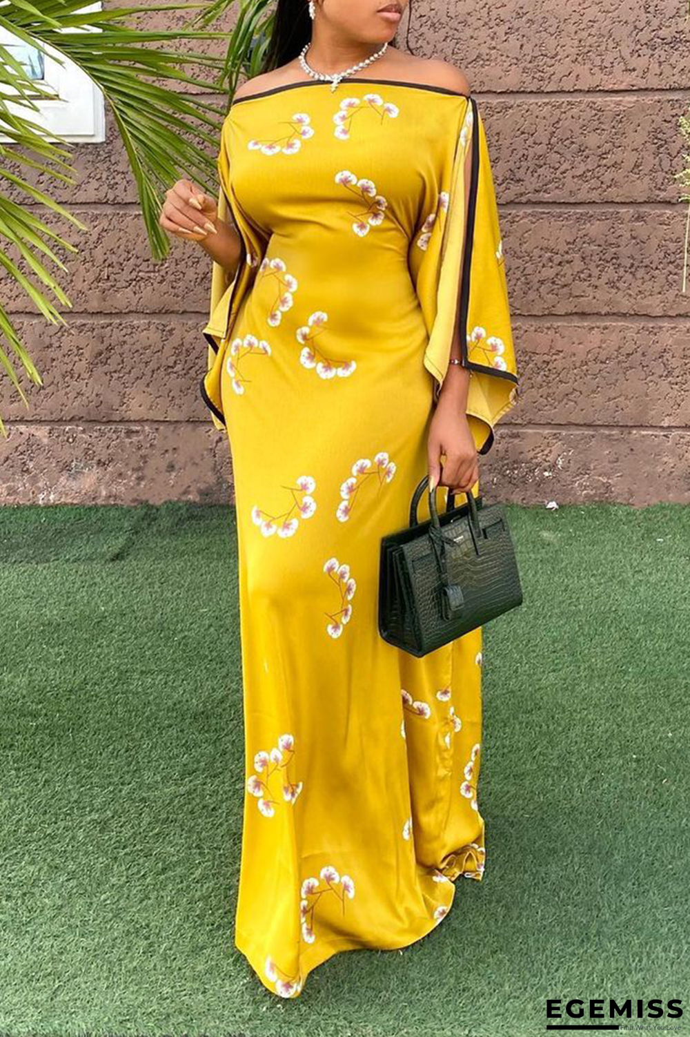 Yellow Casual Print Patchwork Strapless Straight Dresses | EGEMISS