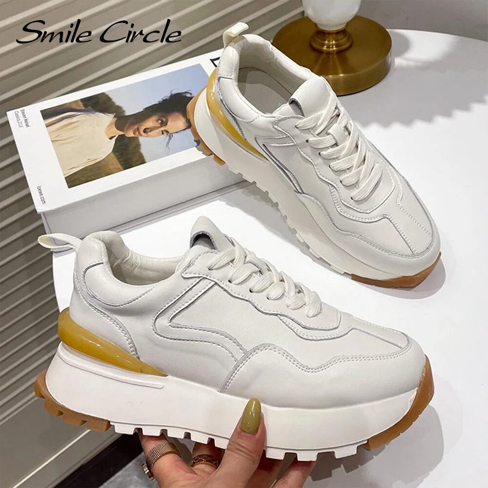 Smile Circle Chunky Platform Sneakers Women Flat Shoes Fashion Lace-up Comfortable Thick Bottom Casual Shoes for Women