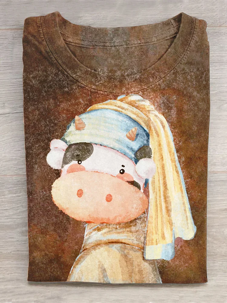 Funny Cow Retro World Famous Painting Series And Girl With A Pearl Earring Art Print Design T-shirt