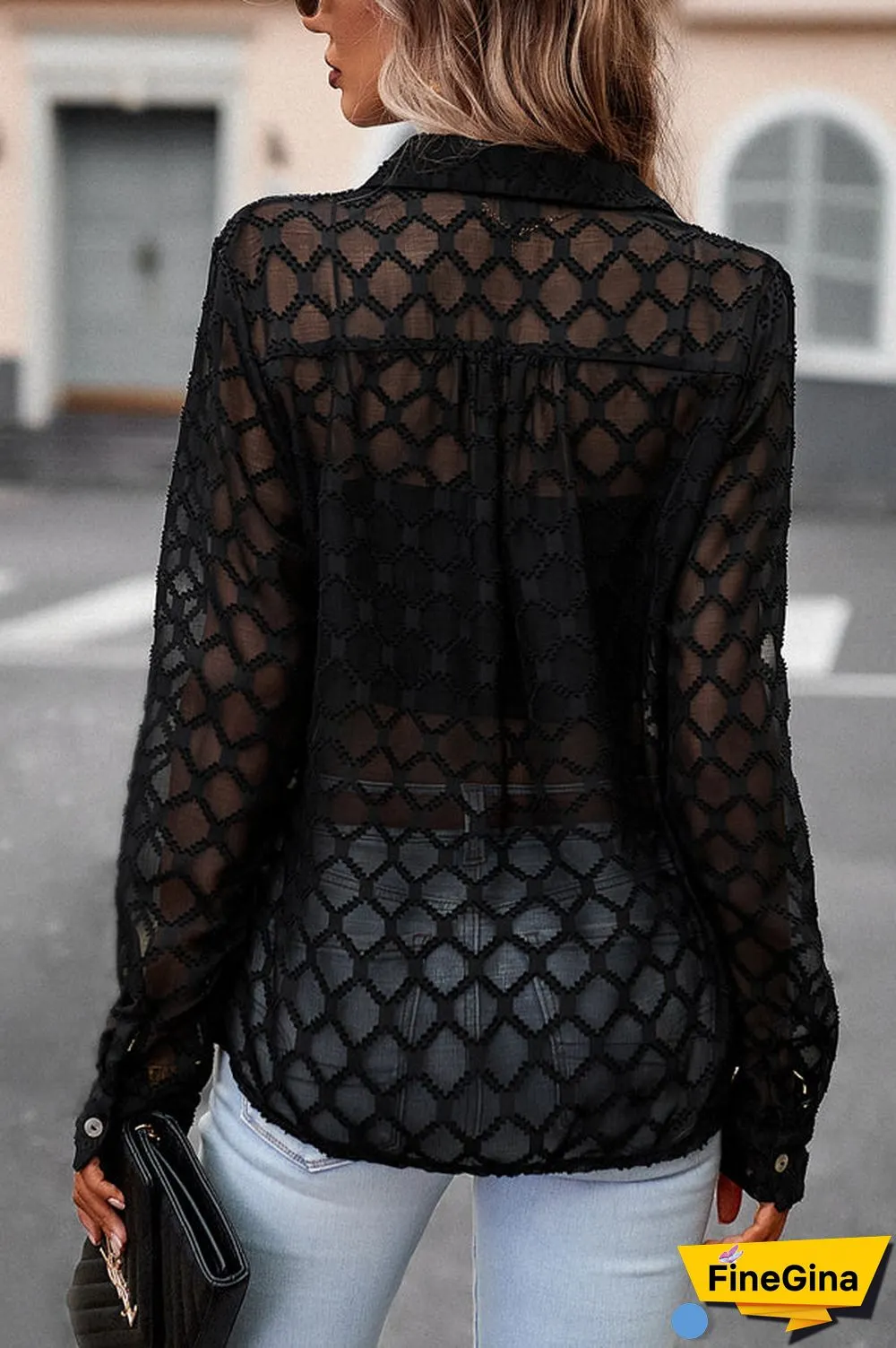 Solid Color Jacquard Long Sleeve Tops