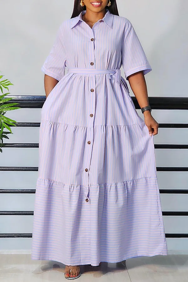 Striped Half Sleeve Button Down Shirt Dress