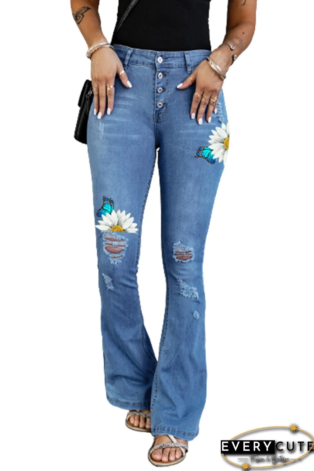 Sky Blue Daisy Butterfly Print Button-fly Distressed Flare Jeans