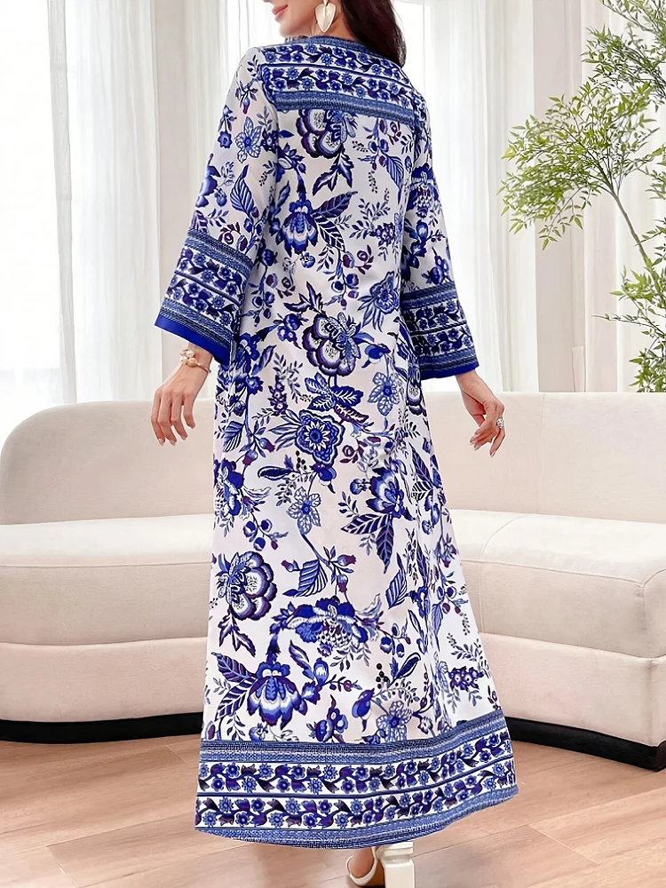 Women's Elegant Long Sleeve V-Neck Dress - Blue Floral Print On White, Machine Washable Spring/Summer Traditional Attire For Casual & Formal Occasions, Long Sleeve Dress