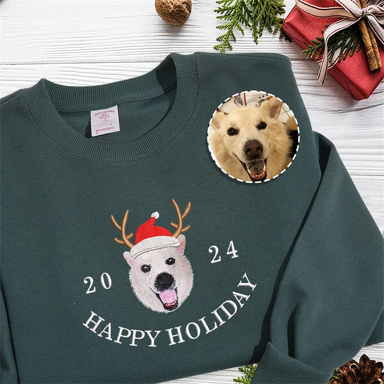 Happy Holiday Custom Pet Photo And Year Embroidered Sweatshirt Hoodie T-shirt