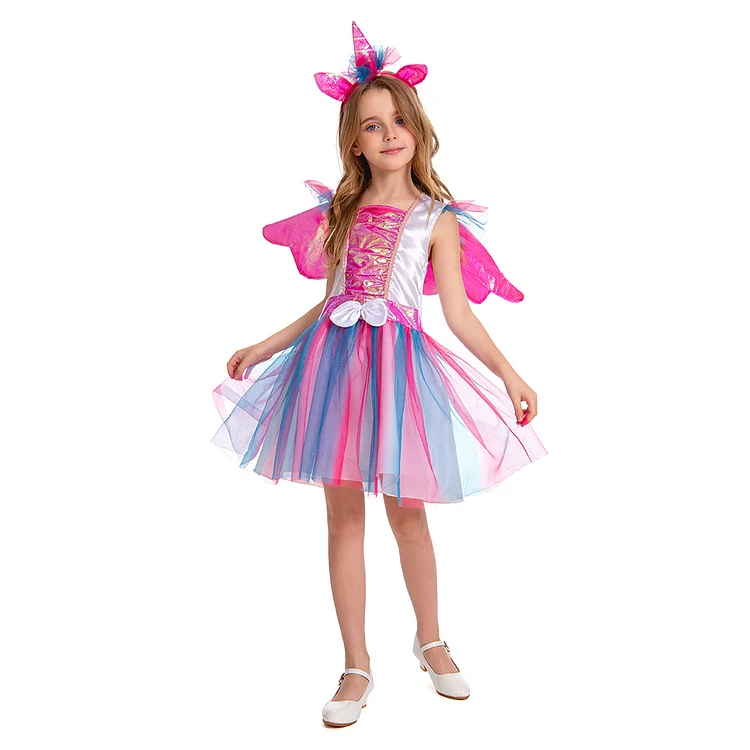 Kids Children Fairy Pink Tutu Dress Outfits Girls Unicorn Costume Stage Performance Suit 