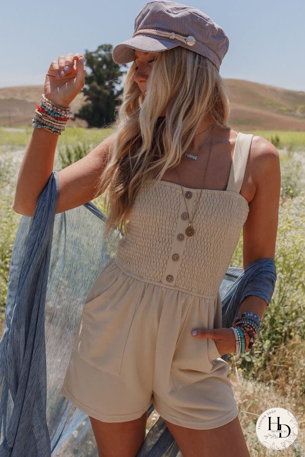 Beige Smocked Button Detail Sleeveless Romper