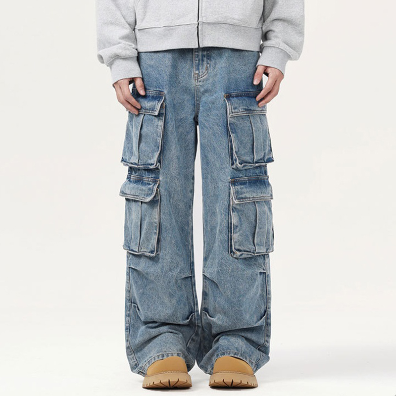 Unisex Men's Street Straight Leg Washed Multi-Pocket Work Jeans - SOPULA