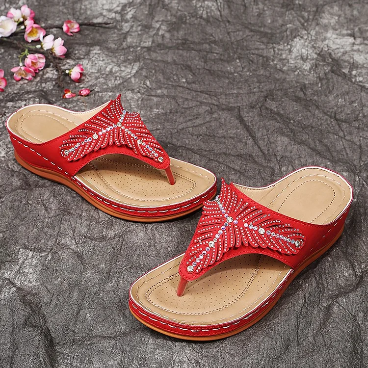 Flat Wedge Rhinestone Thong Slippers