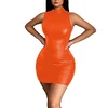 High Street Stretch Solid Color PU Mini Dress for Womens Sexy Sleeveless Short Club Dress Bodycon Matte Faux Leather Party Dress