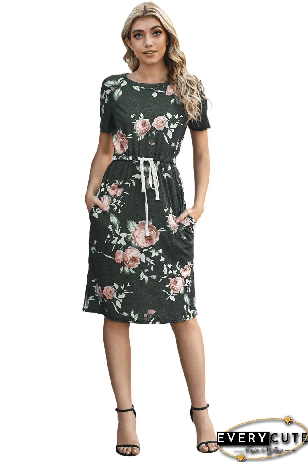 Dark Gray Short Sleeve Pocketed Drawstring Casual Floral Dress